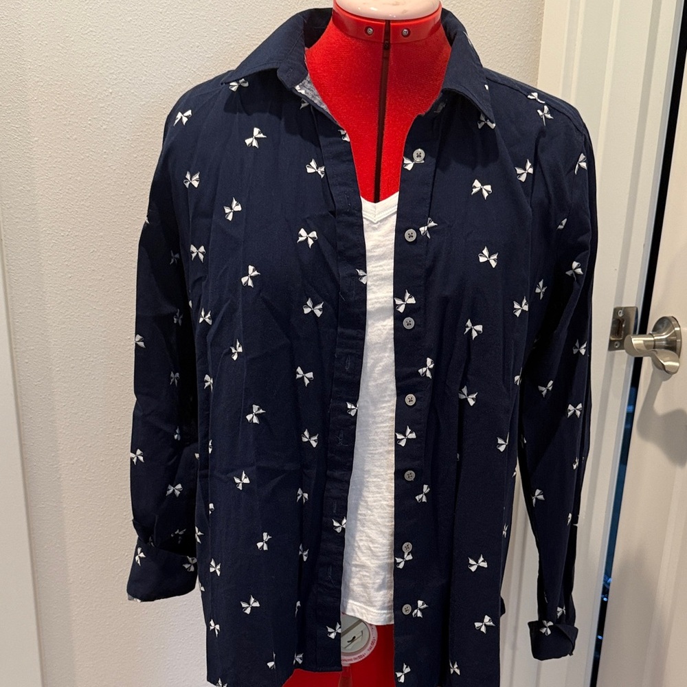 LOFT Navy Long Sleeve Top with White Bow Print